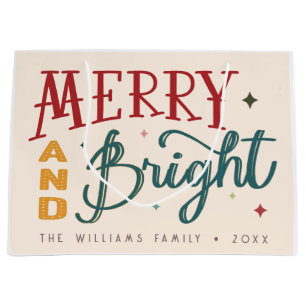 Colourful Retro Merry and Bright Christmas Large Gift Bag