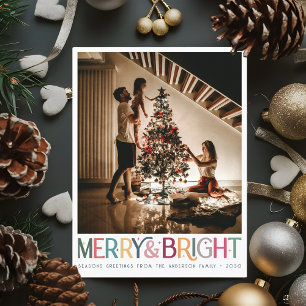 Colourful Retro Merry and Bright Cute Stars Holida Holiday Postcard