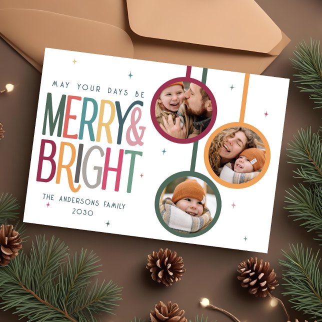 Colourful Retro Merry and Bright Photo Cute Stars Holiday Card (Creator Uploaded)