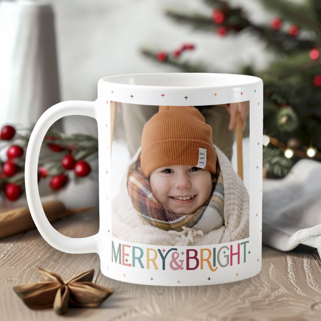 Colourful Retro Merry and Bright Stars Photo Coffee Mug (Creator Uploaded)