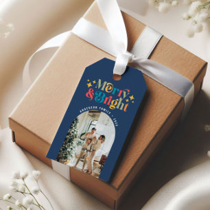 Colourful Retro Merry & Bright Christmas Photo Blu Gift Tags