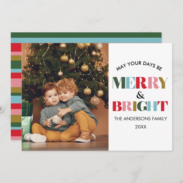 Colourful Retro Merry & Bright Christmas Photo Holiday Card (Front/Back)