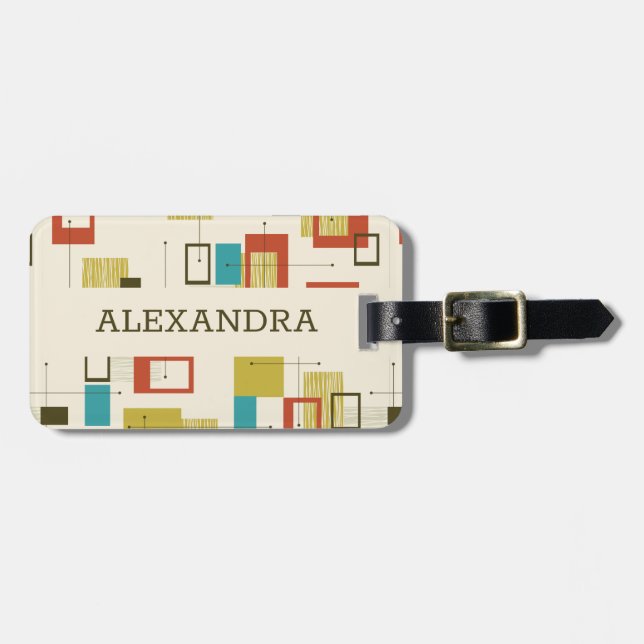 Colourful retro Mid-Century geometric pattern Luggage Tag (Front Horizontal)
