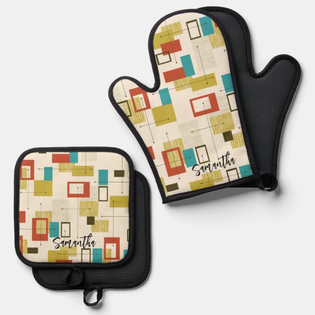 Colourful Retro Mid-Century Geometric Pattern Oven Mitt & Pot Holder Set (Front/Back)