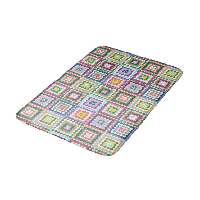 Colourful Retro Mid-Century Mid-Mod Crochet Blosso Bath Mat (Angled)