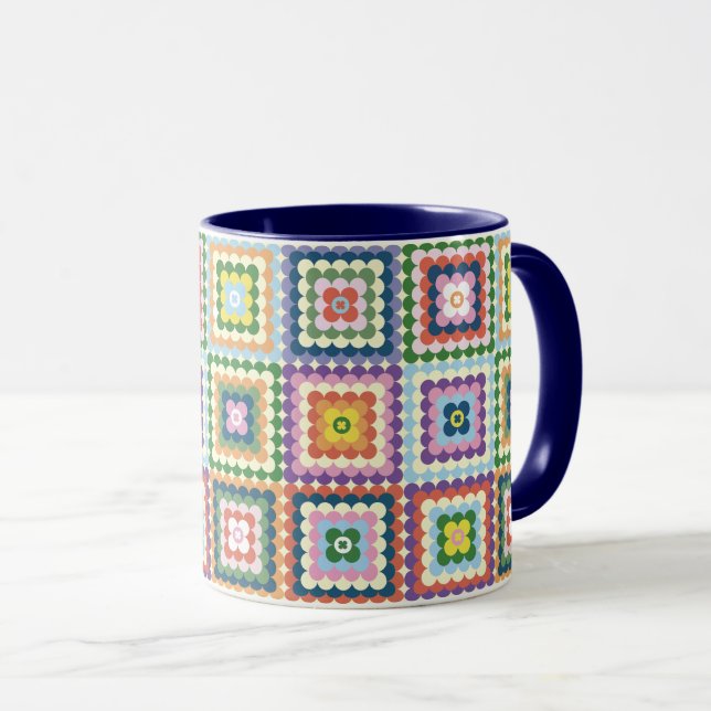 Colourful Retro Mid-Century Mid-Mod Crochet Blosso Mug (Front Right)