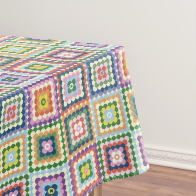 Colourful Retro Mid-Century Mid-Mod Crochet Blosso Tablecloth (In Situ)