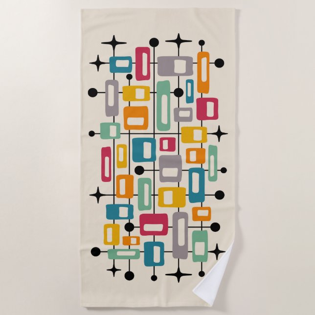 Colourful Retro Mid Century Modern Atomic Abstract Beach Towel (Front)
