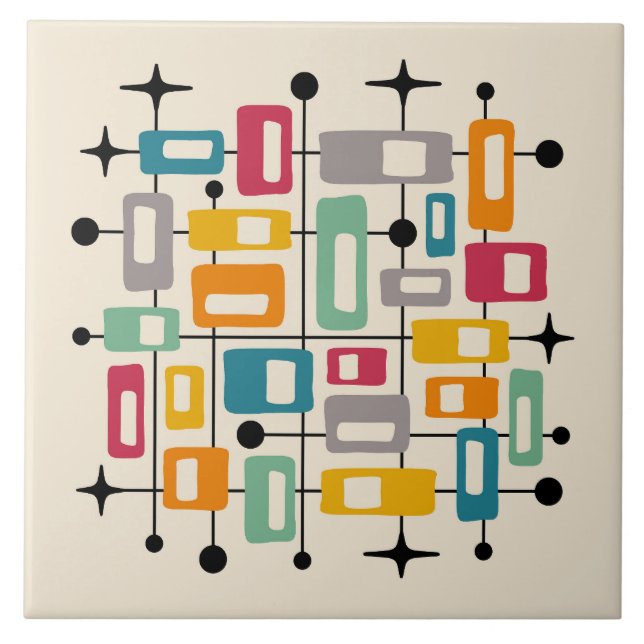 Colourful Retro Mid Century Modern Atomic Abstract Ceramic Tile (Front)