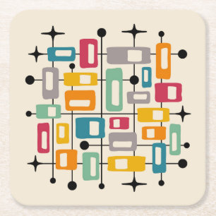 Colourful Retro Mid Century Modern Atomic Abstract Square Paper Coaster