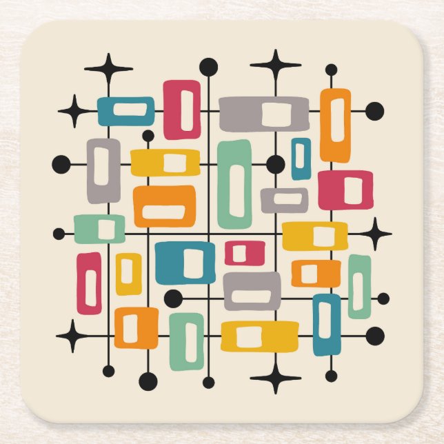 Colourful Retro Mid Century Modern Atomic Abstract Square Paper Coaster (Front)