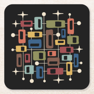 Colourful Retro Mid Century Modern Atomic Abstract Square Paper Coaster