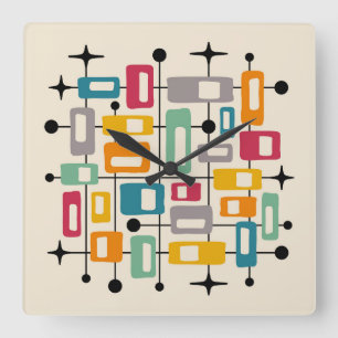 Colourful Retro Mid Century Modern Atomic Abstract Square Wall Clock