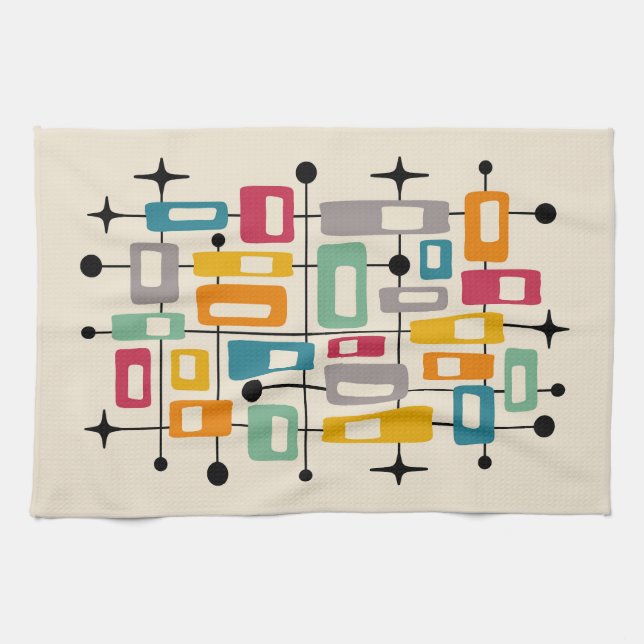 Colourful Retro Mid Century Modern Atomic Abstract Tea Towel (Horizontal)