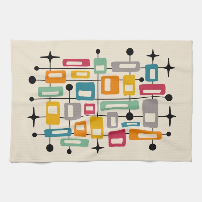 Colourful Retro Mid Century Modern Atomic Abstract Tea Towel (Horizontal)