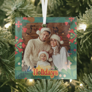 Colourful retro modern Christmas botanical card Glass Tree Decoration
