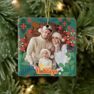 Colourful retro modern Christmas botanical Ceramic Ornament
