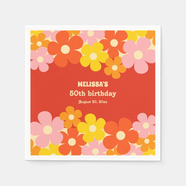 Colourful Retro Orange Boho Flower 50th Birthday Napkin (Front)