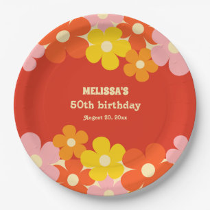 Colourful Retro Orange Boho Flower 50th Birthday Paper Plate