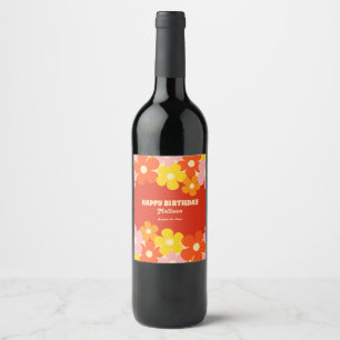Colourful Retro Orange Boho Flower 50th Birthday Wine Label
