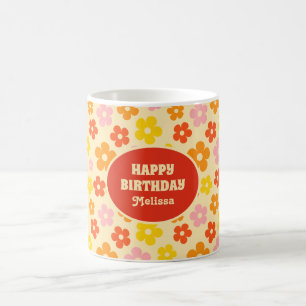 Colourful Retro Orange Boho Flower Happy Birthday Coffee Mug