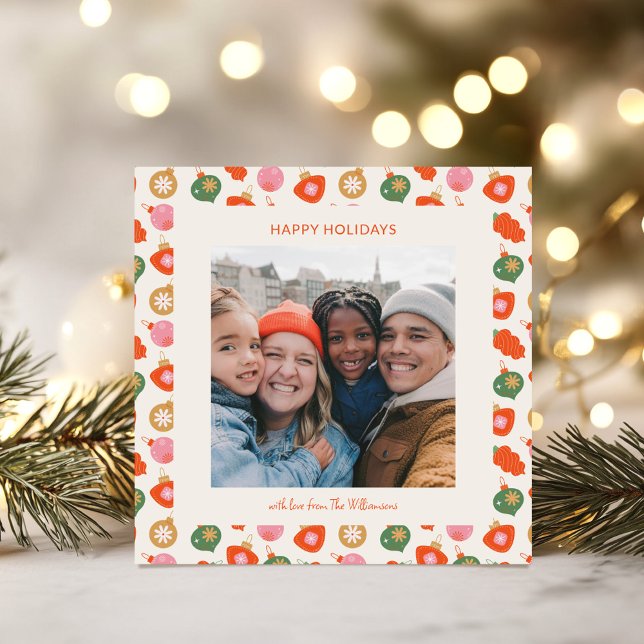 Colourful Retro Ornaments Christmas Photo Square Holiday Card (Creator Uploaded)