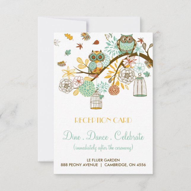 Colourful Retro Owls Fall Wedding Reception Card (Front)