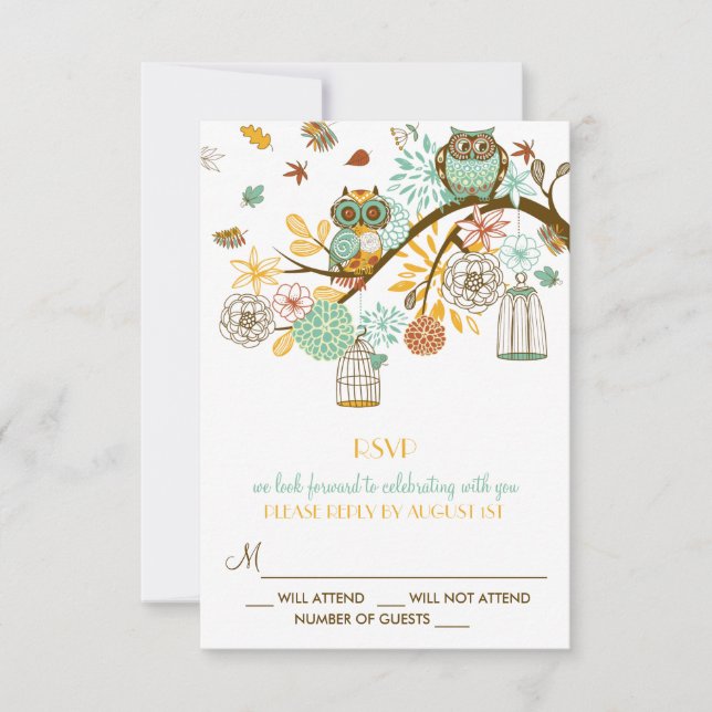 Colourful Retro Owls Fall Wedding RSVP Card (Front)