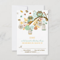Colourful Retro Owls Fall Wedding RSVP Card