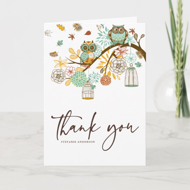 Colourful Retro Owls Fall Wedding Thank You Card (Front)