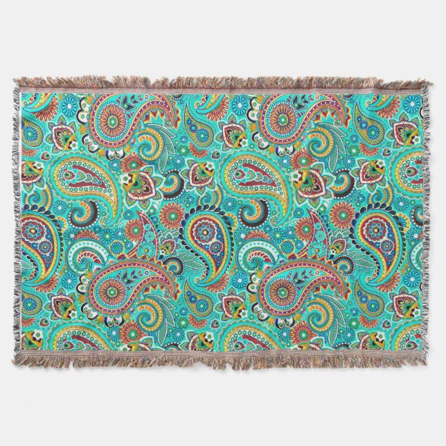 Colourful Retro Paisley Throw Blanket (Front)