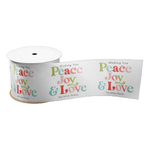 Colourful Retro Peace Joy & Love Christmas Family Satin Ribbon