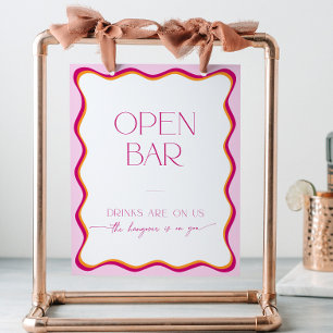 Colourful Retro Pink Orange Wavy Border Open Bar  Pedestal Sign