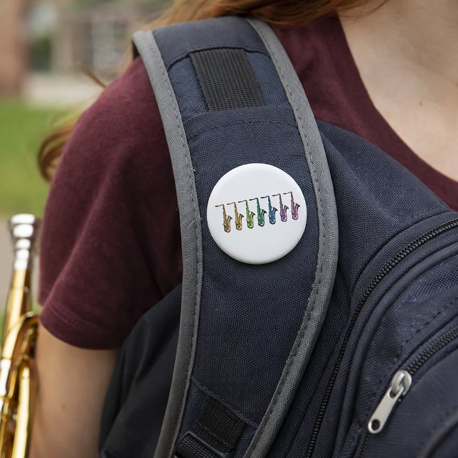 Colourful Retro Pop Art Saxophone Pattern Musician 6 Cm Round Badge (A pin back button with a rainbow saxophone design)
