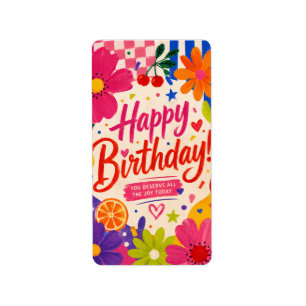 Colourful Retro Pop Birthday Greeting with Flowers Label