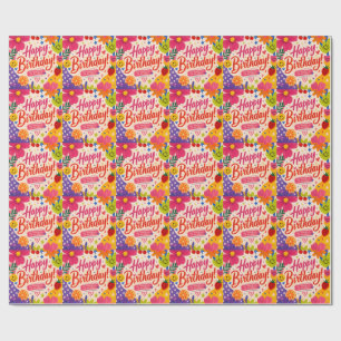 Colourful Retro Pop Birthday Greeting with Flowers Wrapping Paper