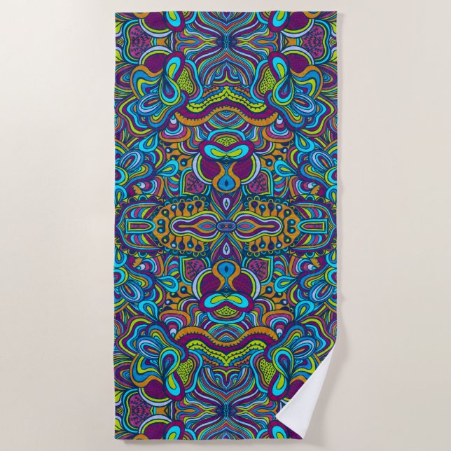 Colourful Retro Psychedelic Abstract Swirls Beach Towel (Front)