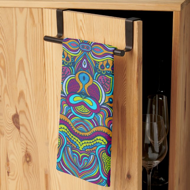 Colourful Retro Psychedelic Abstract Swirls Tea Towel (Thirds Fold)