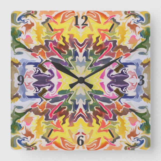 Colourful Retro Psychedelic Kaleidoscope Abstract Square Wall Clock (Front)