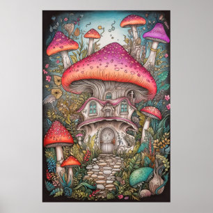 Colourful Retro Psychedelic Mushroom Illustration Poster