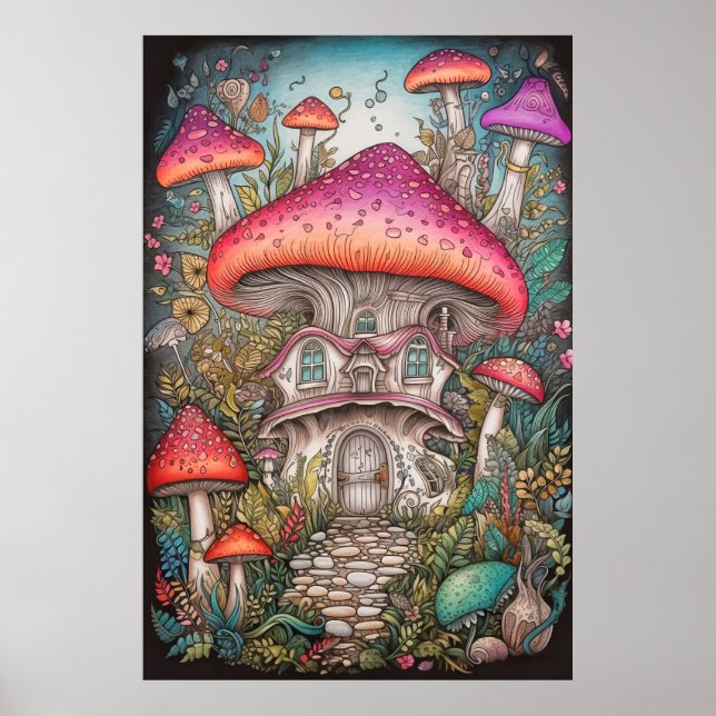 Colourful Retro Psychedelic Mushroom Illustration Poster (Front)
