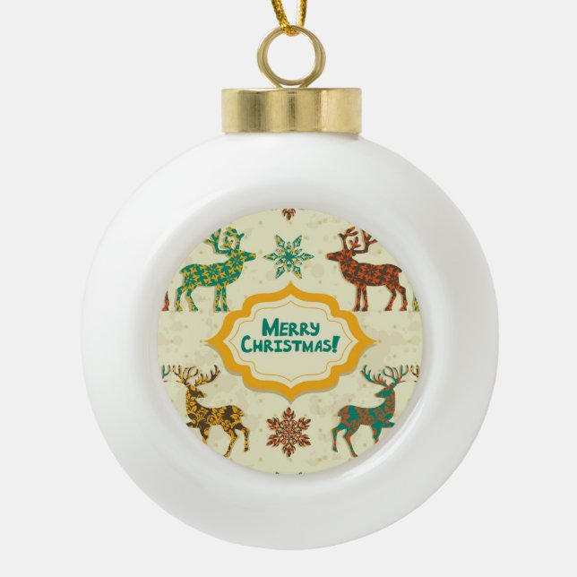 Colourful Retro Rain-Deer Merry Christmas Ceramic Ball Christmas Ornament (Front)