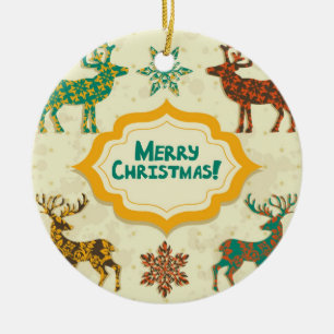 Colourful Retro Rain-Deer Merry Christmas Ceramic Tree Decoration