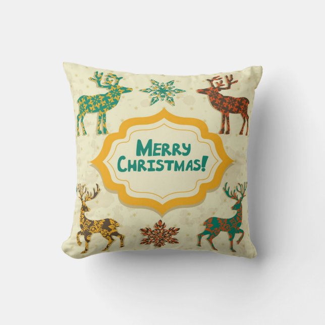 Colourful Retro Rain-Deer Merry Christmas Cushion (Front)