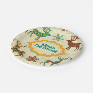 Colourful Retro Rain-Deer Merry Christmas Paper Plate