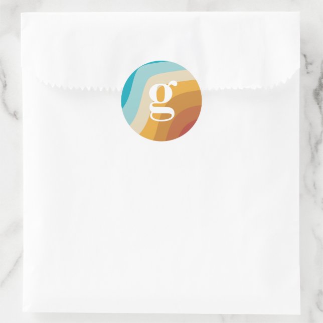 Colourful Retro Rainbow Abstract Waves Monogram  Classic Round Sticker (Bag)