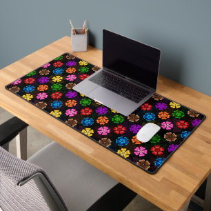 Colourful Retro Rainbow Flowers Design Black Desk Mat