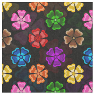 Colourful Retro Rainbow Flowers Design Black Fabric