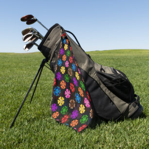 Colourful Retro Rainbow Flowers Design Black Golf Towel