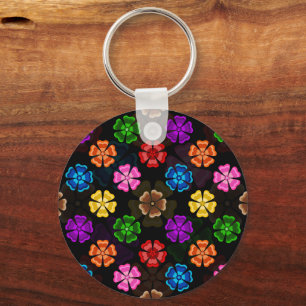 Colourful Retro Rainbow Flowers Design Black Key Ring